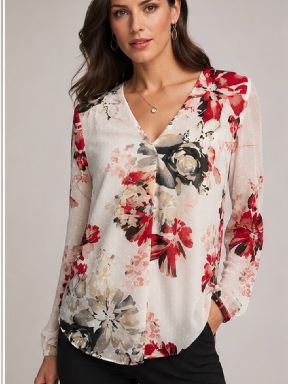 White House Black Market Floral Blouse Swiss Dot Twist Front Long Sleeve